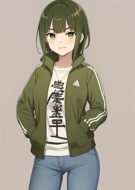 <lora:Shiratori_Utano-10:0.8>,1girl, solo,short hair, green eyes, green hair, belt, pants, denim, clothes writing, jeans,white shirt,open clothes,(green clothes,green track jacket:1.2),brown belt,smile,