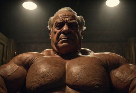 (photo, realistic, raw), (nighttime, at night, dark, dark hard shadows, cinematic atmosphere, movie grain, hazey atmosphere), closeup from below, (brute, etherial, spiritual, emperor, king, god), old burly buff gentleman, old manly mature man, combed back hair,  doublechin, old tanned grandpa, wrinkly neck, proud big chest, thick neck, armpits, tanned skin, tight golden spandex, gold jewellery, gold necklace, in a dark locker room at night, nighttime, arrogant disgusted disappointed smile, intimite situation, romantic atmosphere, stern, serious, angry, sad expression,