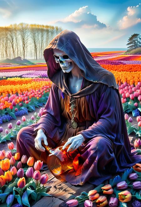 A hauntingly poetic scene: The Grim Reaper, cloaked in tattered shadows, kneels in a weathered grave, delicately turning over a bottle of aged whisky—its amber liquid catching the golden light. Around him, a vibrant sea of tulips blooms in surreal, jewel-toned hues—crimson, sapphire, and gold—their petals swaying in an eerie, windless silence. The path he has walked is traced by a trail of withered, ashen flowers, their crumbling forms stark against the lush garden. Above, a twilight sky bleeds into deep purples and oranges, casting an otherworldly glow over the scene. The contrast between life and decay, beauty and mortality, creates a mesmerizing, dreamlike tableau