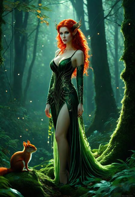 Ultra detailed digital art masterpiece Forest Elf woman dressed in a green moss and brown leaves, ginger Squirrels, standing down the mysterious night of the dark forest, a magical creature like a Forest Elf standing in the foresta, dark fantasy, perfect lighting, elegant, Tom Bagshaw, Anne Bachelier, unreal engine 5 nanite quality, mixed with dark elements, dark environment, very dark night, clean dark velour witch clothing, dark washed out eyeliner, no make up, natural pale face, nose piercing, abstract, big shiny brown eyes, ultra detailed atmospheric details, beautiful glowing effects, sparkle effects, realistic body proportions, beautiful face proportions, complex masterpiece, wild red hair style, creative glowing detailed tattoos, complex physics, enhanced colors, complimentary colors, ultra detailed raytracing reflections, Ultra detailed complex background, environment feels alive, direct eye contact, dramatic lighting, wet and sweaty skin, beautiful firm Breasts, Concept art portrait by Greg Rutkowski