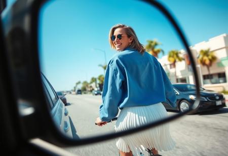 wide angle photograph of a car wing mirror with the reflection of A smiling woman dressed in a blue oversized shirt and a white pleated skirt, seen from behind and slightly turning her head back, riding a bicycle. The scene is set on a sunny day with clear blue skies, showcasing an urban street environment with cars and palm trees in the background. The image exhibits a light flare and is partially framed through a circular object, adding a unique visual effect to the composition. The overall mood is carefree and joyful, capturing a casual and stylish moment.