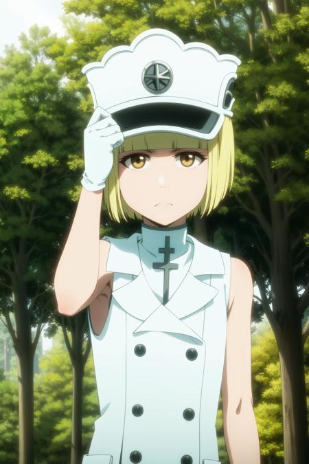 ,outdoors,nature,forest,day, <lora:Liltotto:1>, <lora:bleach_style_offset:0.6>,1girl, blonde hair, solo, military hat, sleeveless dress, white background, yellow eyes, looking at viewer, blunt bangs, simple background, closed mouth, white headwear, upper body, bob cut, bare shoulders,white gloves, flat chest, buttons, hand up, cross, expressionless,  arm up, bare arms, white dress, undershirt, shadow, yellow eyes, blunt ends, frown, eyebrows visible through hair,adjusting headwear,