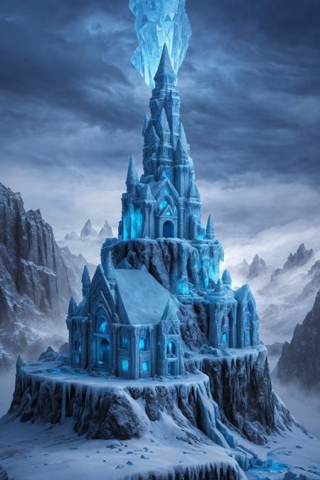 snowy mountain landscape, ancient ice-covered temple built into a cliffside, glowing blue crystals jutting from the ice, stormy skies, epic fantasy world, cold mist, medieval fantasy atmosphere, ultra sharp photography, fantasy illustration realism
