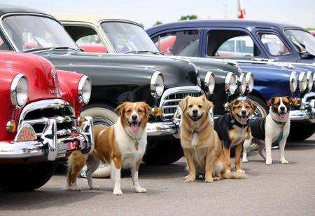 classic car show, lined up in a row, different breed of show dog in front of each car,