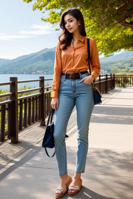 1 woman, detailed, realistic, standing, full body shot, scenic view, noon
<lora:Shirt Pants by Stable Yogi:0.5>orange shirt, long sleeves, pants belt, bag, slippers