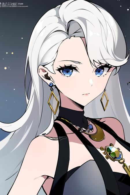 solo, masterpiece, best quality, highly detailed,1girl  <lora:EileenV2:1><lora:animeStyleMixLora:0.8:MIDD>,black_dress,upper_body,necklace,white_hair