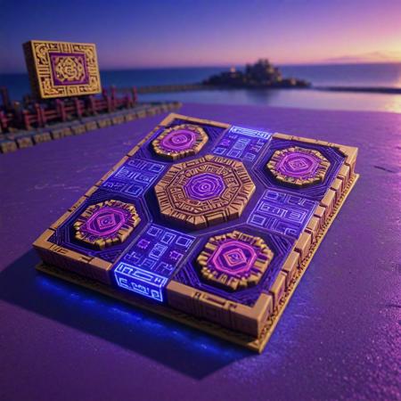 anime key visual, intricate background, Portrait of a Dullcore Abstract Aztec (crackers:1.3) , it is in a Final Fantasy setting, it is with Creative embroidery, plain Mecha-background, desolate city and beach, at Blue hour, Panorama, Amusing, Minecraft, Reflected light, F/14, Amaranth and deep red neon hue, Mauve background, rpg concept art, award winning, octane engine