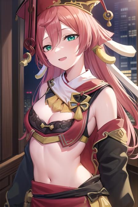 yanfei, antlers, horns, pink hair, long hair, hair between eyes, (green eyes:1.5), black bra, black shorts, boots, bow, bra, high heels, long sleeves, midriff, navel, red headwear, red skirt, red vest, shorts, skirt, two-tone footwear, vest, yellow bow,