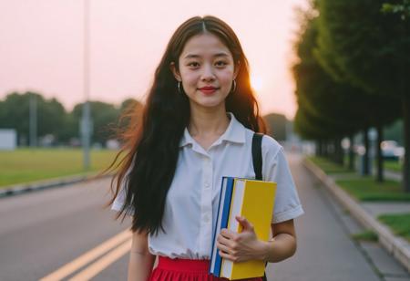 Hyper-Stereotypical 90' high-school 18yo
girl in educated outfit,
stunning, beautiful, long hair, medium skirt, white polo shirt, super shy, super cute, blushing, looking at the viewer while holding school books with both arms.
Looking at the viewer while smiling.
Dusk.
Long shadows.
Life-like details. Cinematic. Dramatic. Dynamic. Extremely refined lines and and shapes. Extremely refined details on objects. Sharp details. Wide range of colors. Many details everywhere. Ray-Tracing. Anti-Aliasing. Realistic soft shadows. Low saturation colors. Insane quality. Insane resolution. Insane details. Masterpiece. 32k resolution. p4st3l photo, Pastel Cinematic Film Photograph