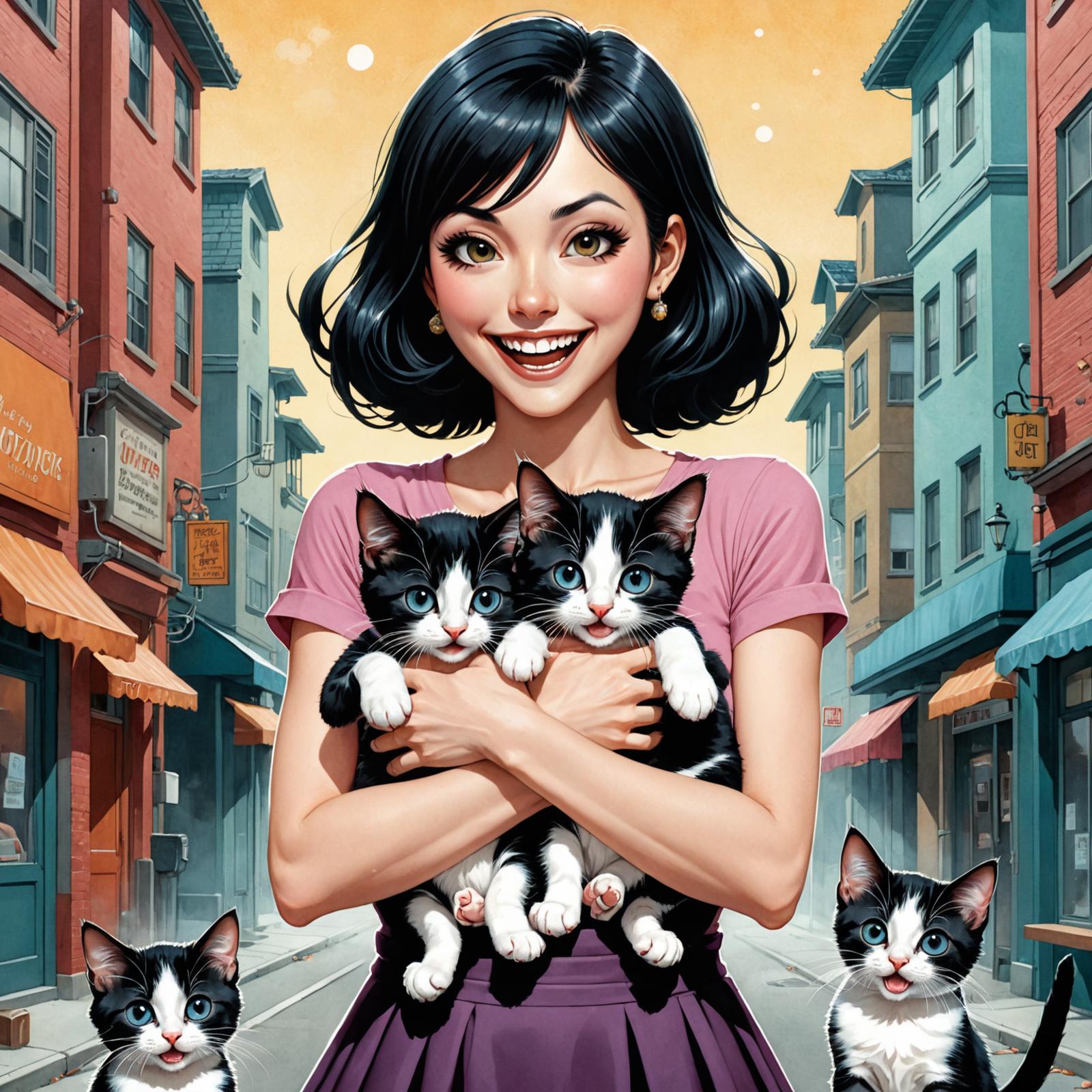 A woman holding two black and white kittens on a city street.