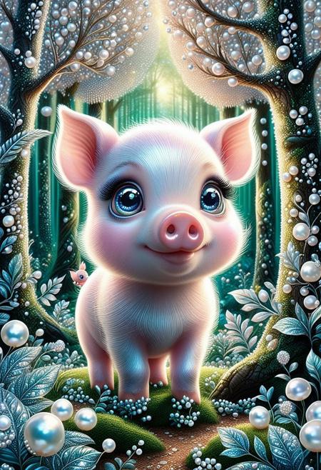 A cute pig, in a Pearlum forest, fantastical, looking around trees, whimsical, cute, big eyes  <lora:Pearlum_World_Morph:1>