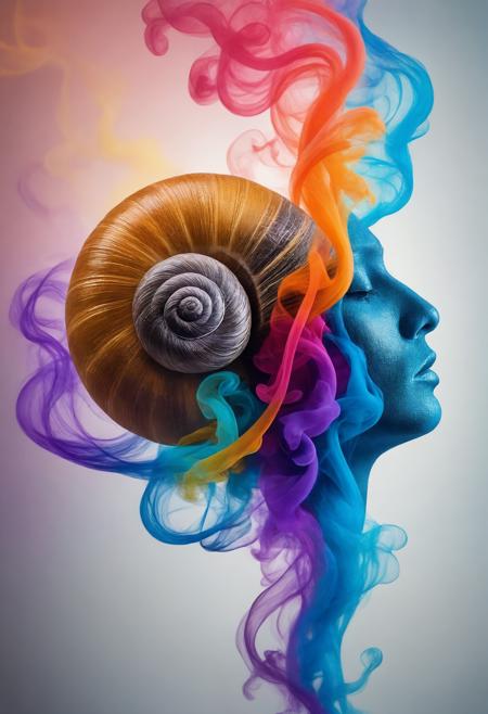 a snail head profile transforming into colorful swirling smoke. Artistic composition, abstract background, high-resolution art,