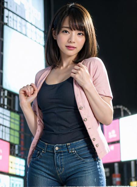 best quality, photorealistic, 8k, high res, 1girl, woman, (skindentation), (portrait:0.6), gorgeous, ((neon light, time square, cityscapebackground:1.65)), ((blue pants, denimjacket with pinktshirt inside:2)),  straight-looking at viewer:1.8, (1girl eyes looking at viewer, short-length straighthair,  black hair, partedhair:1.75), photorealistic, (bokeh), (smile:1.2), (closed mouth:0.56), gorgeous, pureerosface_v1, <lora:AVID-airiV2:0.75>