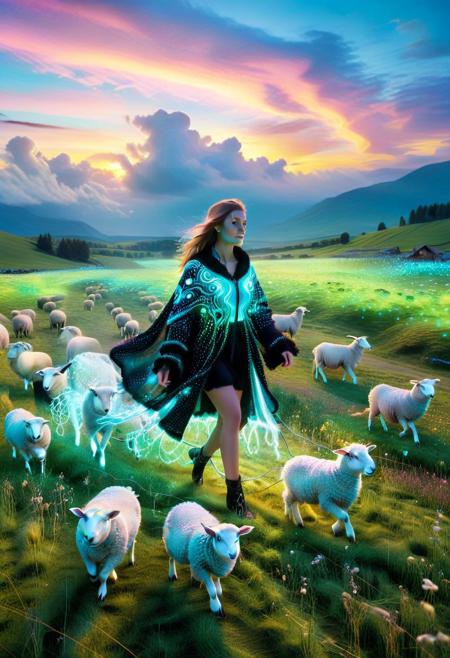 (woman walking glowing sheep across a digital meadow), colorful LED lights, bioluminescent wool, LED earrings and flowing cyber-rural cloak, dreamlike sunset, pastel sky meets electric glow, whimsical fantasy
