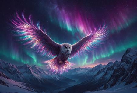 morph-aurora, aidmamj6.1 
majestic owl in flight, wings made of flowing aurora ribbons, high above icy mountain peaks, night sky glowing in magenta and teal, fantasy lighting










