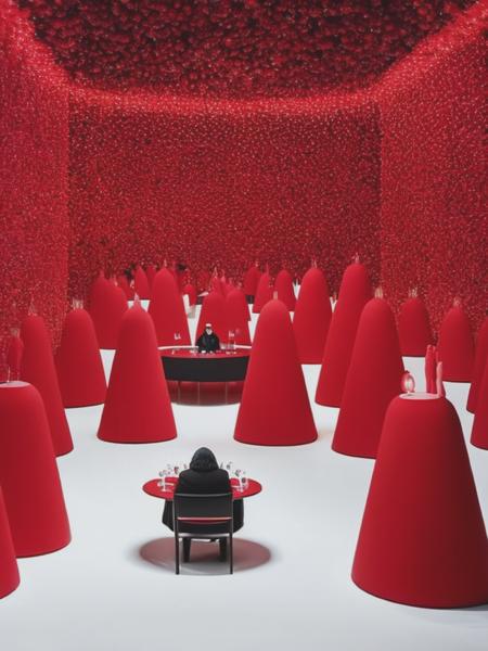 <lyco:SandySkoglund:1.0> artist nick egner works in the sonic tableaux series in his digital gallery sonic tableaux, in the style of sandy skoglund, dark red and white, extravagant table settings, minimalist figures, hiroshi nagai, surrealist-influenced depictions of human figures, anton semenov