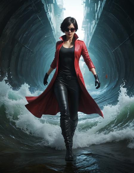 anime artwork Scared Japanese Ada Wong with sunglasses, from Resident Evil running toward the camera, in the long coat , black joga pants, in the sewers, huge waves in the background, fluid dynamics 3D art style, 3d fluid render, expressive and dynamic, vibrant contrasting colors, lively appearance, mesmerizing flow of shapes, simulation of fluid dynamics, swirling motion, bold colors blending seamlessly, abstract and captivating, fluidity and energy, mesmerizing composition, engaging viewer experience, seamless integration of colors and shapes, volumetric, 4k, time-lapse photography, dynamic motion, fluid transition, changing landscape, evolving scene, captivating visual storytelling, accelerated time, anime style, key visual, vibrant, studio anime,  highly detailed <lora:AddDetail:1>