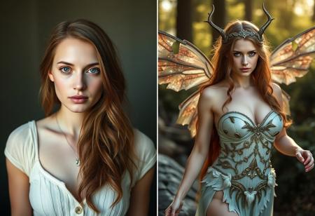 Two photos a sequential before/after series, showing the magical transformation of a plain modern woman into a fantasy nymph, recognizable