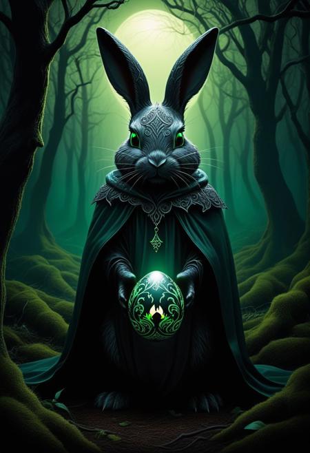 A hauntingly beautiful dark fantasy illustration of an Easter Bunny, cloaked in shadows and partially obscured by a veil of darkness. The Bunny is adorned with intricate, menacing tattoos and wears a sinister smile. It holds a large, ominous egg that glows with a sickly green light. The backdrop of the scene is a twisted, gnarled forest, with eerie moonlight casting long shadows across the ground.