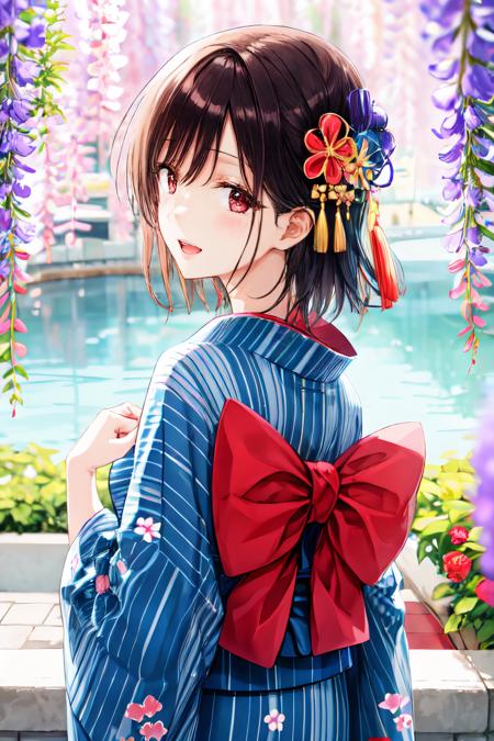 <lora:hiten_style:1>hiten style, :d, smile, kimono, 1girl, wide sleeves, solo, wisteria, japanese clothes, print kimono, open mouth, looking at viewer, sash, looking back, hand up, black hair, striped, depth of field, upper body, blush, short hair, obi, blurry background, yukata, long sleeves, from behind, parted lips, flower, blurry, floral print, white kimono, red eyes, purple flower, brown hair, hair flower, hair ornament