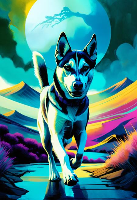 k1m1 running through a surreal landscape, vibrant colors, dreamlike atmosphere, highly detailed, intricate patterns, art nouveau style, cinematic lighting, masterpiece quality, ethereal, otherworldly, playful, joyful, running with abandon
