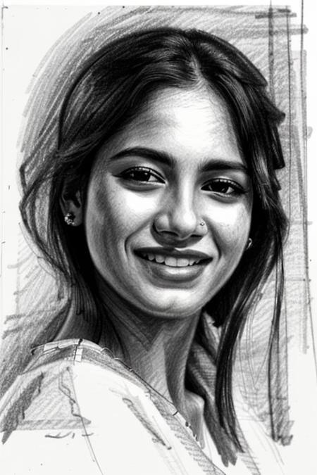 (pencilsketch:1.3), (monochrome:1.2),<lora:PencilSketch:0.5>pencilsketch, A radiant Tamil teenage girl beams with a bright smile, her eyes sparkling with joy as she holds a vibrant flower in her delicate hands.