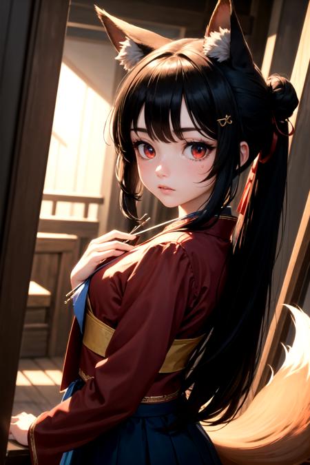 (detailed face and eyes:1.3),
<lora:naenarachan:1>,naenarachan,red eyes, black hair,single hair bun,hair stick,hair pin,long hair,hair ornament,fox ears, fox tail,red tail,korean clothes, red shirt,blue skirt, full body, long sleeves,1girl,solo,hanbok,blue ribbon,
Ultra-detail,(highres:1.1),best quality,(masterpiece:1.3),cinematic lighting,