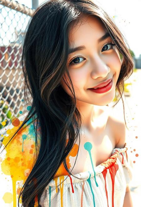 A vibrant and artistic watercolor illustration of a cool girl(A close-up, eye-level shot captures a young individual with long, dark, wavy hair, parted casually and framing a softly smiling face. Their head is tilted slightly, and their gaze is directed towards the viewer, creating an inviting and warm expression. The individual is wearing an off-the-shoulder top in a neutral, textured fabric, suggesting a comfortable and relaxed style. The natural light highlights their features, with a soft glow on their skin. In the blurred background, hints of an urban or industrial setting are visible, including what appears to be a chain-link fence and some sparse foliage, adding a subtle contrast to the subject's soft presence. The overall impression is one of gentle beauty and approachability in a casual outdoor environment.
), facing slightly to the left, rendered in an explosion of bright, splashy colors. Its black and white feathers are softly defined, blending seamlessly into washes of yellow, orange, blue, and teal, with dynamic paint drips extending downwards, suggesting movement and fluidity. Numerous colorful splatters and dots surround the creature, enhancing the joyful and abstract aesthetic. The overall impression is one of playful creativity, combining natural elements with a touch of contemporary flair in a visually striking, high-resolution digital painting with a clean white background.