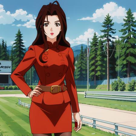 masterpiece,high quality,solo,outdoors,circuit,grand prix,
<lora:KyokoAoi001:0.7>,
KyokoAoi,1woman,
long hair,brown hair,eyelashes,brown eyes,lipstick,
skirt suit,red jacket,belt,
red pencil skirt,
pantyhose,