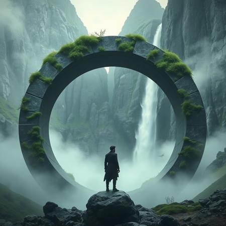 Surreal, fantasy-style image featuring a large, circular stone archway covered in patches of green moss and vegetation. The archway is set against a dramatic, mountain landscape with steep cliffs and a cascading waterfall in the background. In the foreground, a solitary figure dressed in dark clothing stands on a rock, facing away from the viewer, adding a sense of scale and contemplation to the scene. The overall color palette is muted with shades of green, gray, and white, creating a mystical and serene atmosphere.
