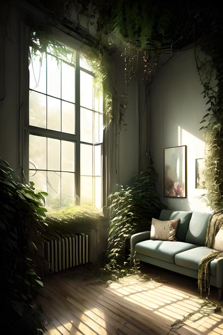 over_grown, apartment <lora:OvergrownCity:1>, beautiful studio soft light, rim light, amazing, finely detail, masterpiece,best quality,official art,  best quality, masterpiece, illustration