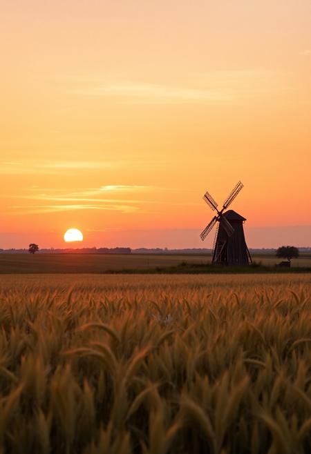 A beautiful sunset over an endless field, golden wheat swaying in the wind, an old wooden windmill in the distance, the sky painted in warm shades of orange and pink, realistic style, high quality, 4k, soft lighting, detailed texture.