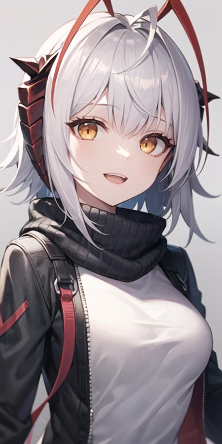 <lora:w_locon_v1a:0.7>,1girl, antennae, black jacket, black scarf, grey background, jacket, looking at viewer, open clothes, open jacket, open mouth, orange eyes, portrait, scarf, shirt, short hair, simple background, solo, wangchuan, white shirt, smile, upper body, white background, breasts, grey shirt, yellow eyes, medium breasts, bangs