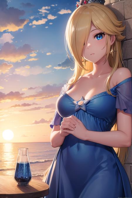 rosalina, blonde hair, blue eyes, hair over one eye, long hair, blue dress, crown, dress, earrings, jewelry, princess, robe, star earrings,