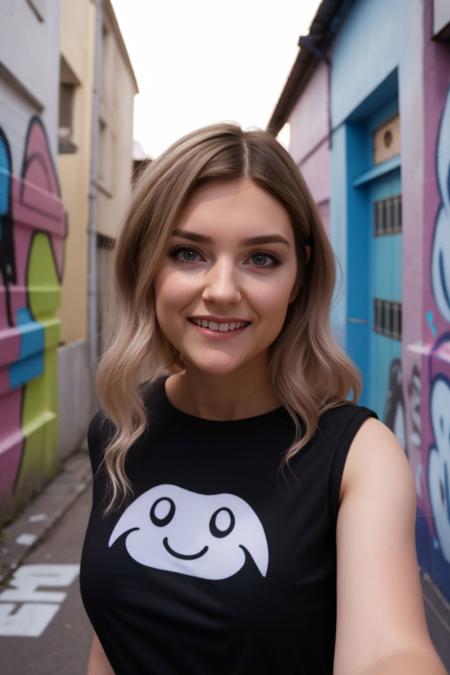 1girl, long hair, large breasts, alley, (graffiti) background, standing, (POV selfie, first-person perspective), looking at camera, (black long shirt, sleeveless), natural lighting, ((best quality)), (((8K photorealistic))), smiley face, <lora:@theevaelfie:1>