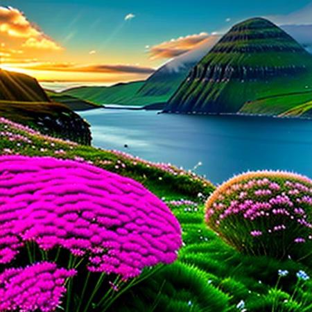 coastal scotland landscape background, Clover, bunch grass, large Crystals, crags, clouds