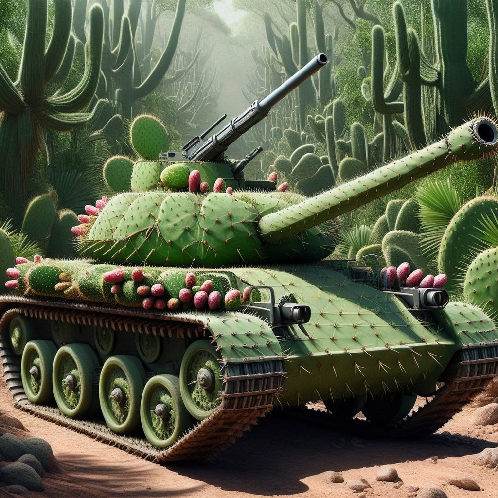 [tank]tank panzer wagon, gun barrel, driving through the jungle and desert, tech  <lora:Prickly Pear Style v1:1>, Prickly Pear Style,