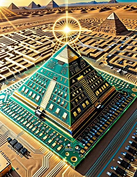 towering Egyptian pyramids constructed from massive stacked circuit boards and golden connectors, glowing hieroglyphs in LED lines, desert made of sand and solder, (techno-ancient hybrid style:1.3), sunset lighting with lens flares, mystical aura, surreal electronics-themed landscape, TzigoCBS, <lora:Challenge_Winnifier_2025-05:1.0> <lora:CirciutBoardStyle-000004:1.0>