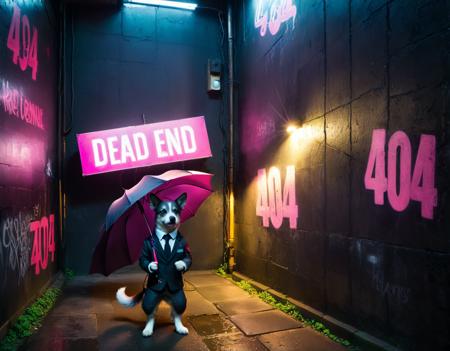 neonpunk style humanoid dog wearing a suit, holding a umbrella, standing in a narrow dark alleyway, fluffy tail, sign spelling "dead end", posters spelling "404", neon signs, graffiti, (cables, electronics, circuits:1.4), rain, reflections, weeds, ivy twines, fog, volumetric lighting, <lora:xl_more_art-full_v1:1> . cyberpunk, vaporwave, neon, vibes, vibrant, stunningly beautiful, crisp, detailed, sleek, ultramodern, magenta highlights, dark purple shadows, high contrast, cinematic, ultra detailed, intricate, professional