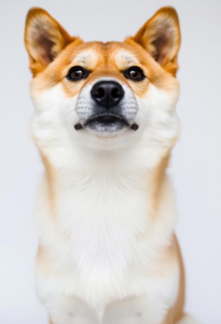 solo, looking at viewer, simple background, white background, brown eyes, blurry, no humans, animal, close-up, dog, realistic, animal focus, shiba inu, photorealistic