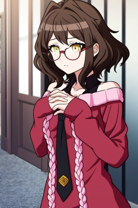 (masterpiece), (best quality:1.4, high quality:1.4, scenery:1.2, anime screencap:1.1), 1girl, solo focus, mitsume kokoro, yellow eyes, brown hair, medium hair, sidelocks, glasses, collarbone, bare shoulder, medium breasts, maroon sweater, long sleeves, black tie, orange tie, black shorts, own hands clasped