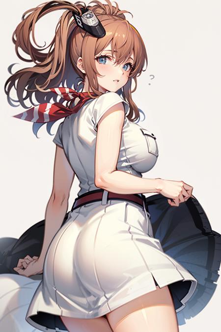 masterpiece, best quality,  (1girl, solo), (simple background,white background:1.3), (straight-on:1.5), solo focus, looking at viewer,whitesara, solo, white dress, 1girl, ass, breasts, large breasts,  looking back, from behind, looking at viewer, red neckerchief, dated, breast pocket, <lora:saratoga-000008:1>