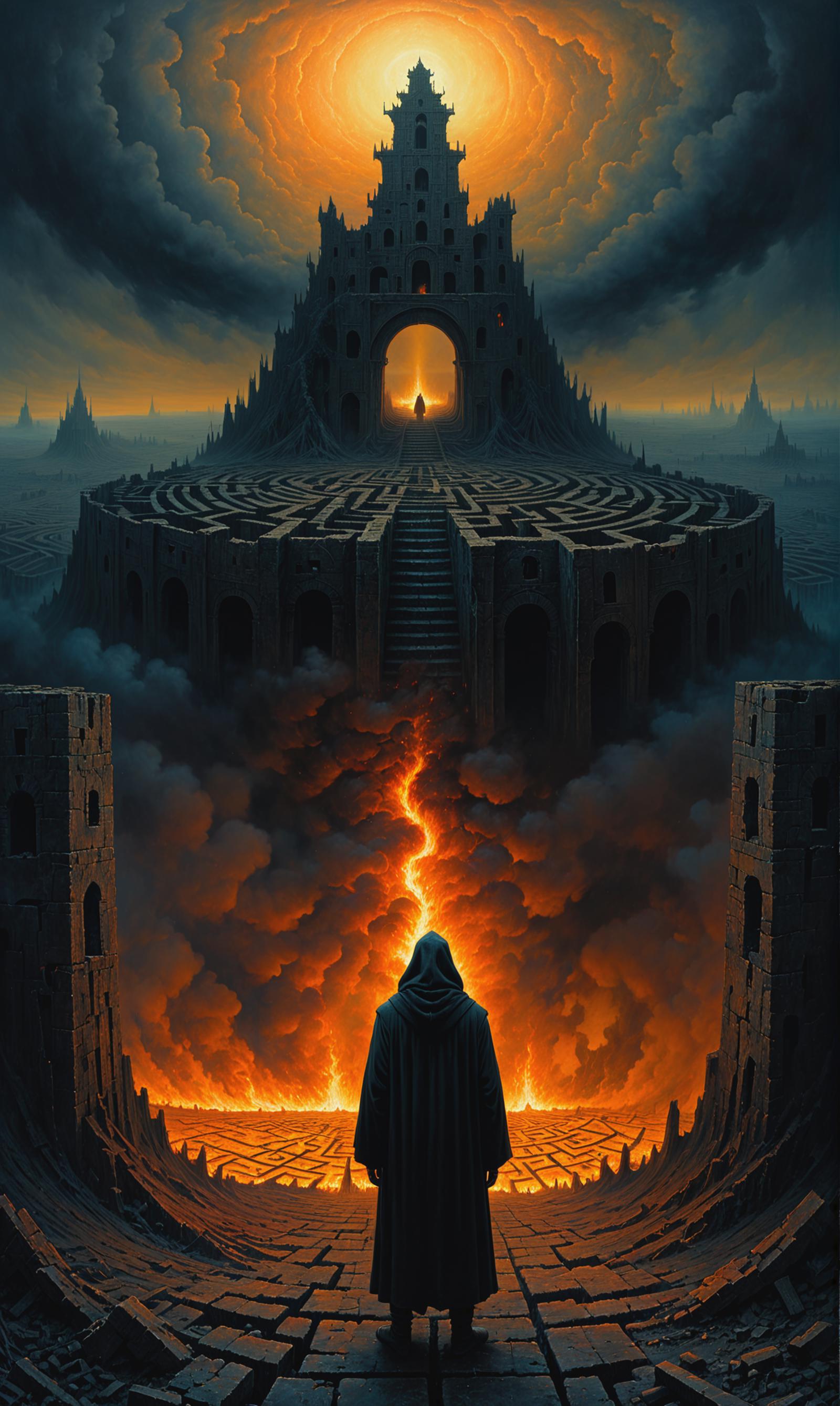A person in a hooded robe looking at a fiery abyss in a fantasy painting.