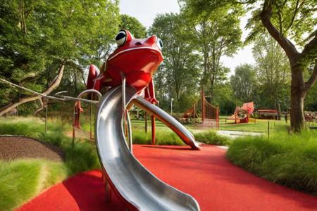 cinematic photo <lora:æ·å¤æ¸¸ä¹-000004 (1):1>,The image features a large,a stainless steel slide came out of the frog's mouth and it was red,and it appears to be a part of a playground slide. The playground is designed to be visually appealing and engaging for children,with the frog sculpture serving as a fun and imaginative element.In addition to the frog sculpture,there are several other playground structures and equipment,including a swing set and a slide. The playground is situated in a park-like setting,surrounded by grass and trees. The overall scene is lively and inviting,encouraging children to play and explore the various playground features.,there is a bridge connecting its back, . 35mm photograph, film, bokeh, professional, 4k, highly detailed