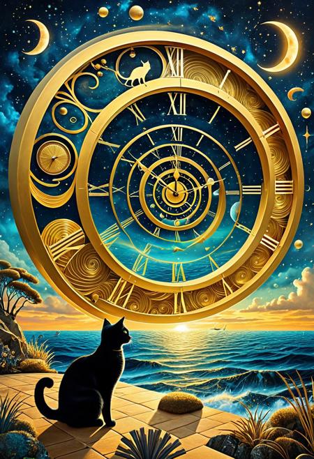 surreal landscape, spiral clock, roman numerals, glowing gold accents, floating fish, cat silhouette, dreamlike ocean, celestial sky, structured geometric patterns, painterly realism, woven textures, Bauhaus design, golden light, deep shadows, romantic surrealism, cosmic abstraction, time travel symbolism, majestic atmosphere, surreal fusion of nature and structure