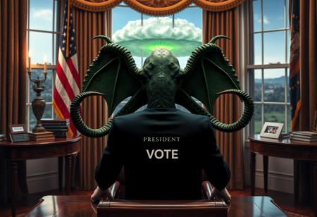 cthulu for president, oval office, mushroom cloud outside window, real photograph,photorealistic, correct hands, correct fingers, lovecraftian, vote button, campaign photo, election, elegant scene, facing away, sitting