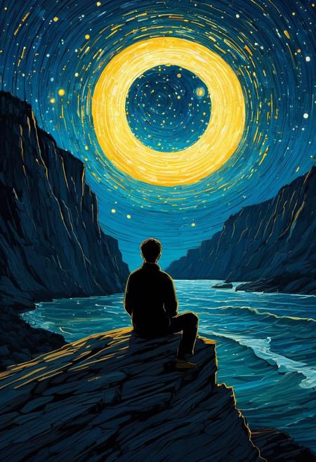 DB4RZ style painting, fine art, oil painting,  Line art 0.4, background colorful in the Van Gogh style, starry sky, Dan Mumford, Andy Kehoe, 2d,A stylized painting or digital artwork presents a solitary figure seated on a cliff edge at night.  The figure, rendered as a dark silhouette against a lighter background, is positioned in the middle of a luminous, circular area reminiscent of a moon or a bright light source. This circular area, a pale yellow-gold, with concentric, brushed strokes, is the focal point and stands out against the darker tones of the surrounding environment. The background is a mix of dark gray-blues and deep navy hues. Brushstrokes are visible across the entire canvas, creating a textured effect that suggests the impressionistic style in which the artwork is executed. The swirling patterns around the central light source amplify the dynamic feel of the scene and draw the eye to the central figure.  The cliff edge, also a dark silhouette, is sharply outlined against the darker background, drawing attention to the figure's isolated position. The overall impression is one of solitude, contemplation, and the quiet atmosphere of a night scene., <lora:FLUX-daubrez-DB4RZ-v2:1> DB4RZ, DB4RZ style painting