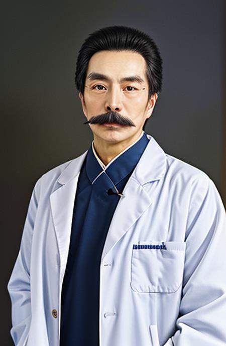 luxun,1man,doctor,white coat,mustache,old man,black hair,realstic,photo,realstic eyes,8k,masterpiece,standing,chinese,looking at another,surgeon,small eyes,serious,