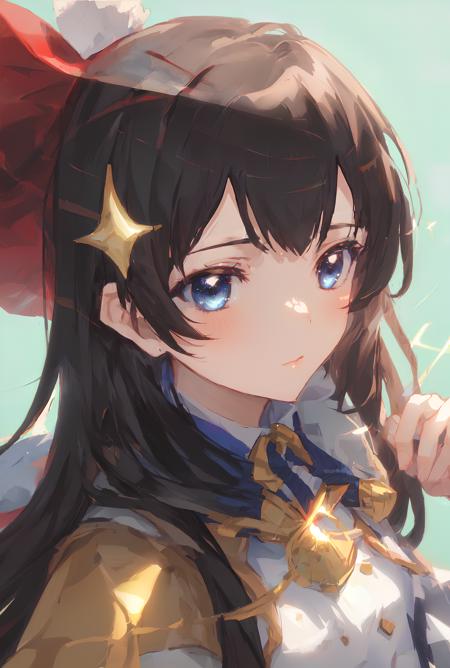 ((masterpiece)), (((best quality))), ((illustration)),1girl, bangs, black_hair, blue_eyes, blush, close-up, eyebrows_visible_through_hair, face, green_background, long_hair, looking_at_viewer, simple_background, solo, sparkle, sparkling_eyes