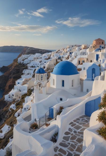 masterpiece, photorealistic, santorini, white buildings, blue sea, wispy clouds, empty